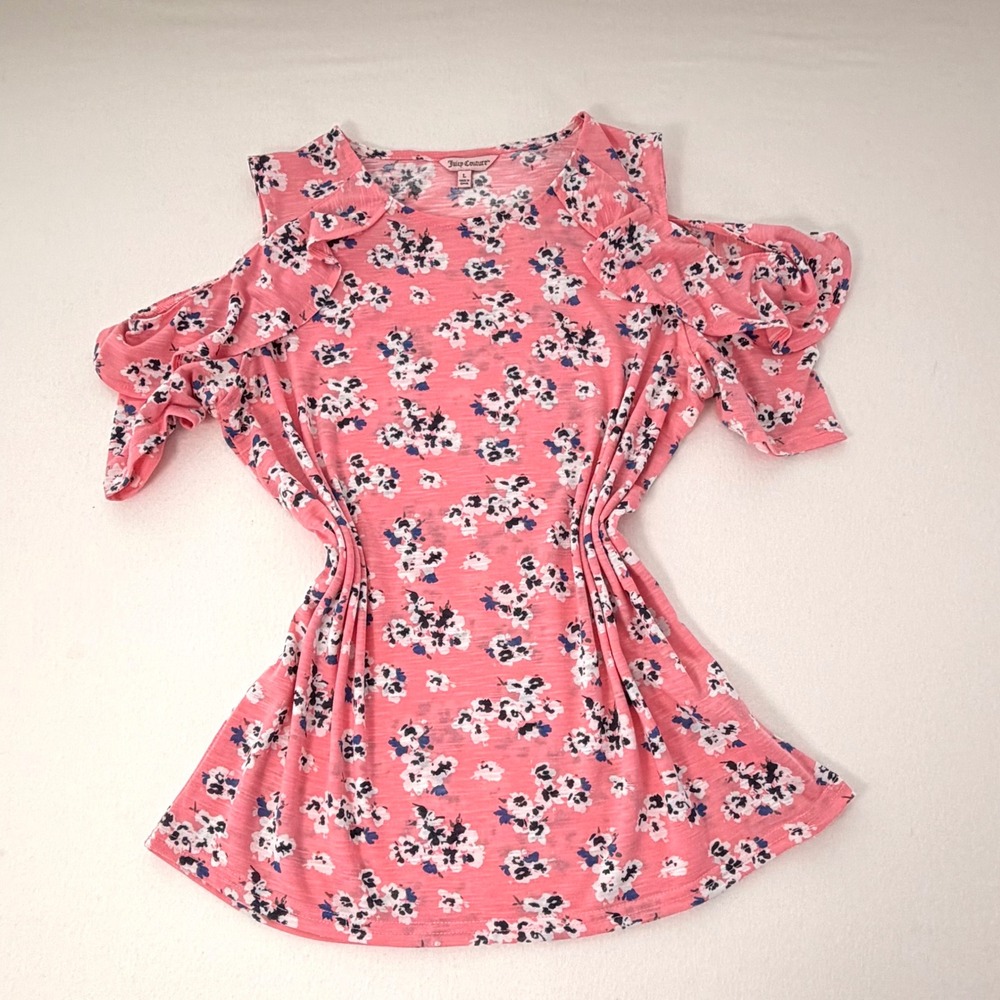 Juicy Couture Pink Floral Cold Shoulder Ruffle Sleeve Top Cottagecore Girly Sz L - Picture 13 of 15